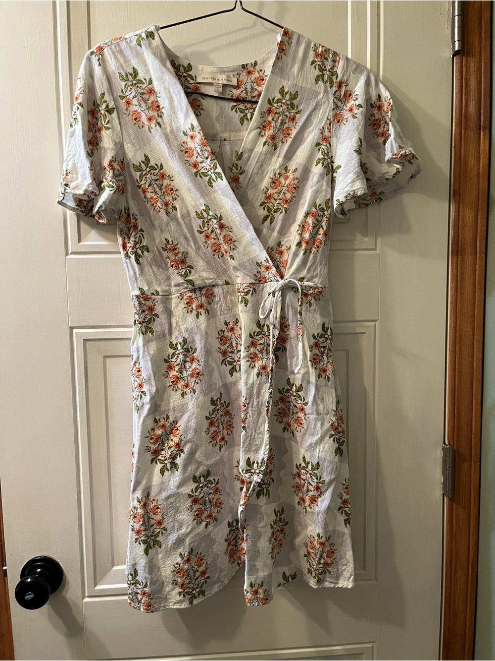 White Floral Wrap Mini Dress with Orange Rose Print